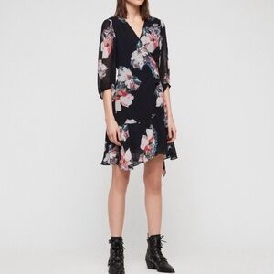 All Saints Jade Violy Floral Wrap Mini Dress Size Small Navy  Flowy Lightweight